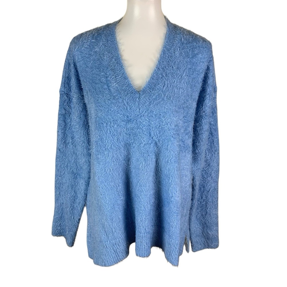 Show Me Your Mumu Blue‎ Fuzzy Knit V Neck Sweater Cozy Soft Small
